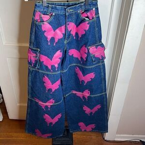 Daisy Street Pink Butterfly Denim Cargo Pants New Size Small